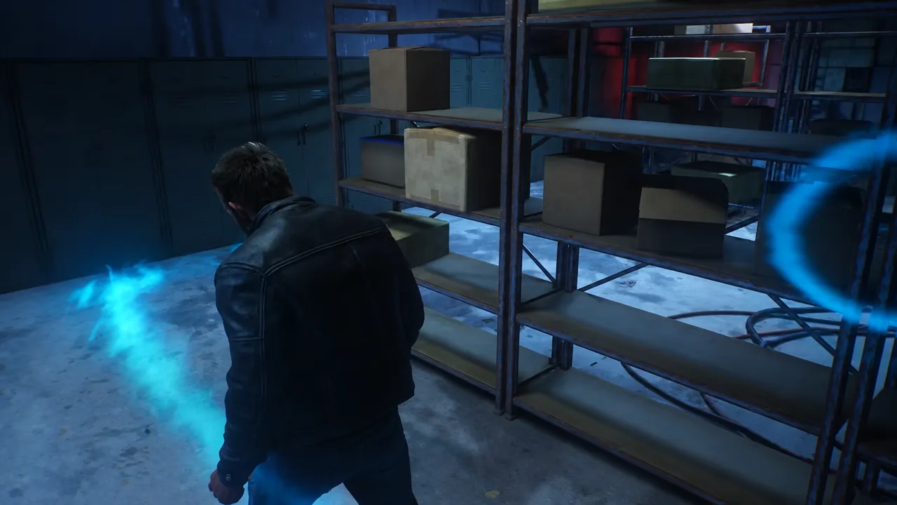 Blue scent trail glowing on the floor beside Logan, marking the route through a storage room