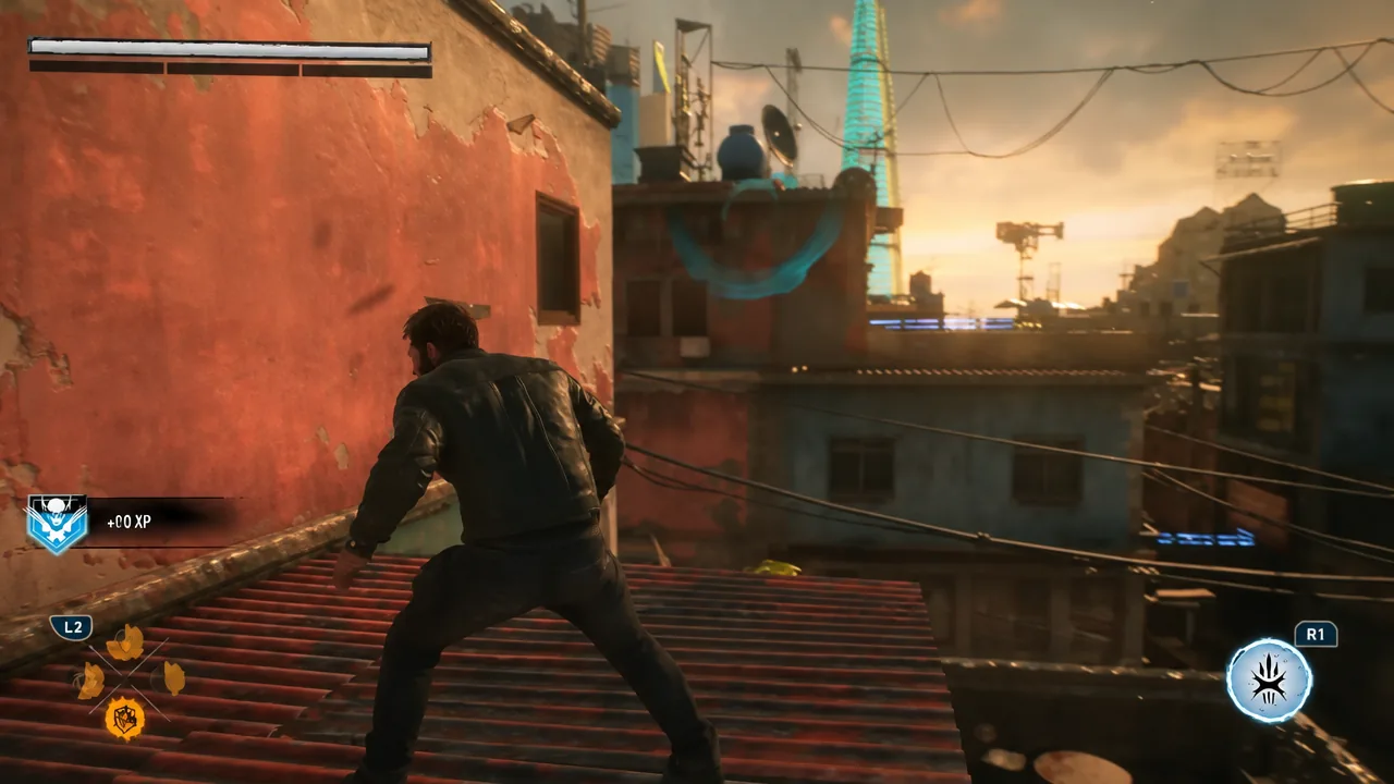 Logan crossing a rooftop in Japan with the ability wheel and a plus 100 XP notification on screen