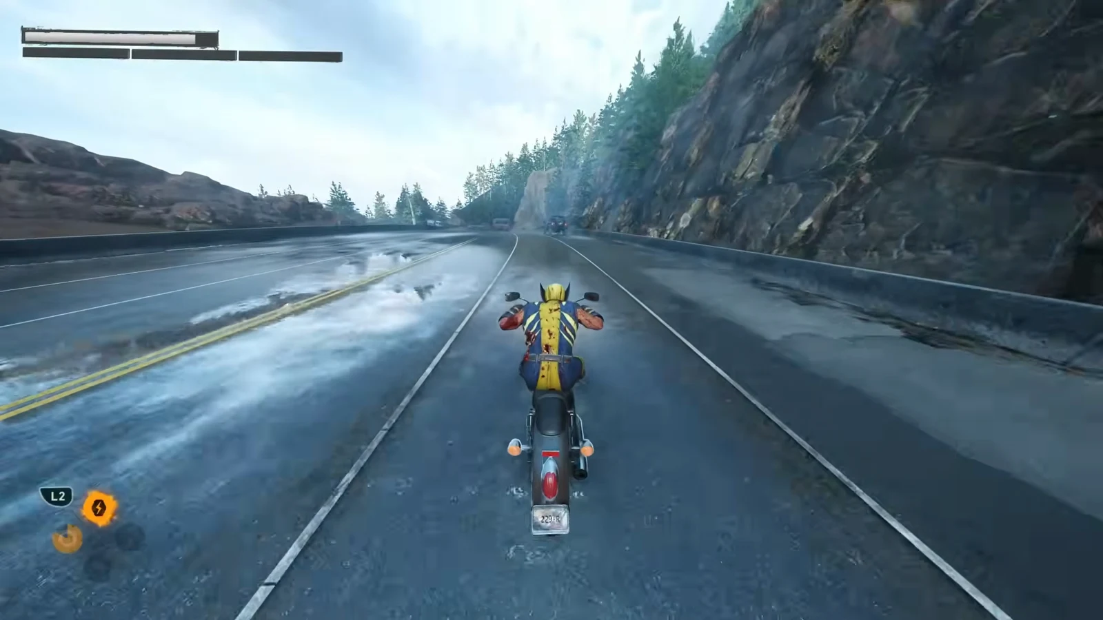 Wolverine riding a motorcycle on a rainy mountain highway with the L2 brake prompt on screen