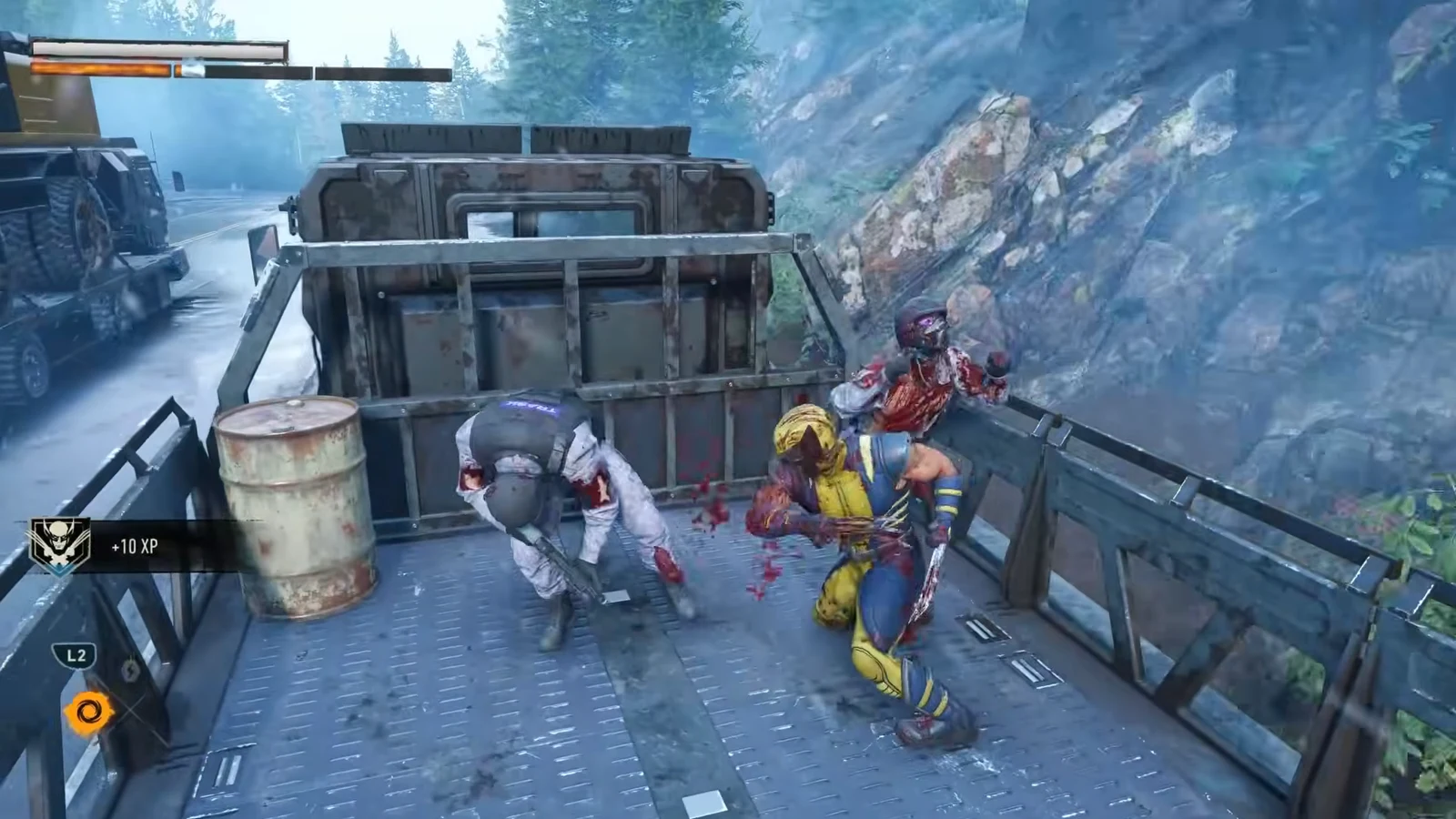 Claw fight against two enemies in a moving truck bed with an XP notification on screen