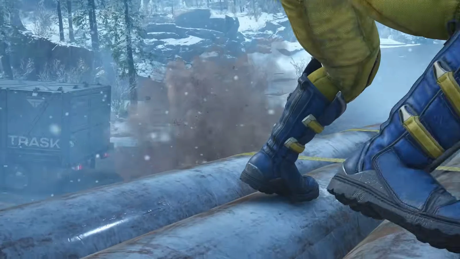 Wolverine facing a Reaver Commando with cybernetic arm blades on a moving log truck