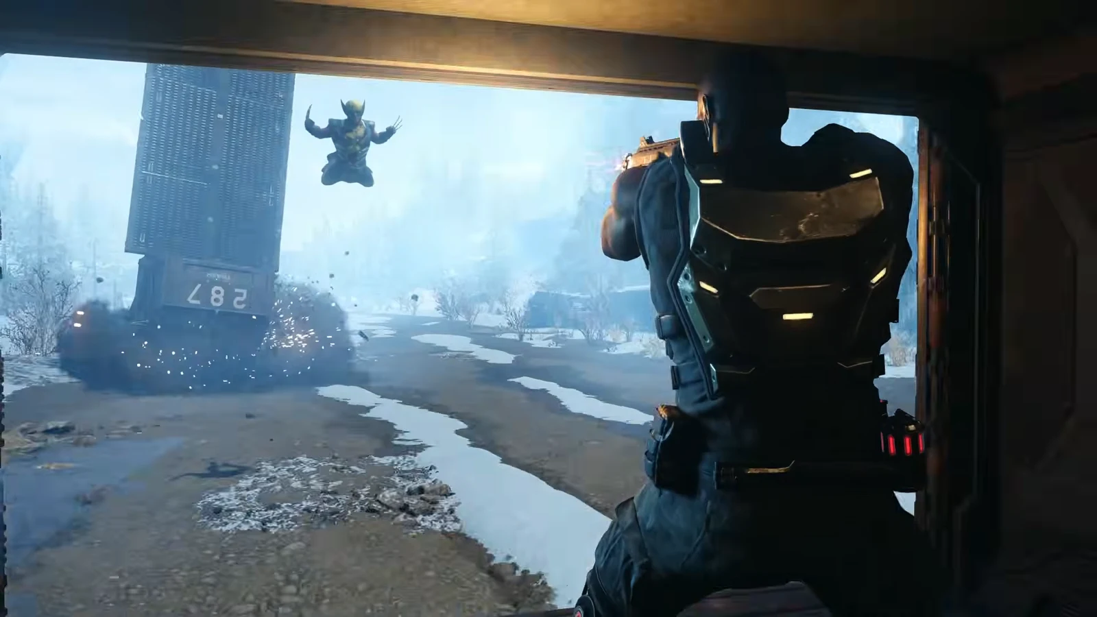 Wolverine crashing through the rear doors of the Trask transport truck