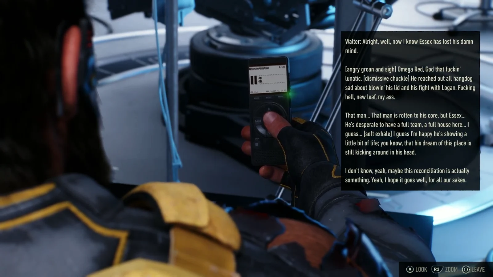 A handheld voice recorder in the lab playing a transcript of Walter's log with Look, Zoom and Leave prompts