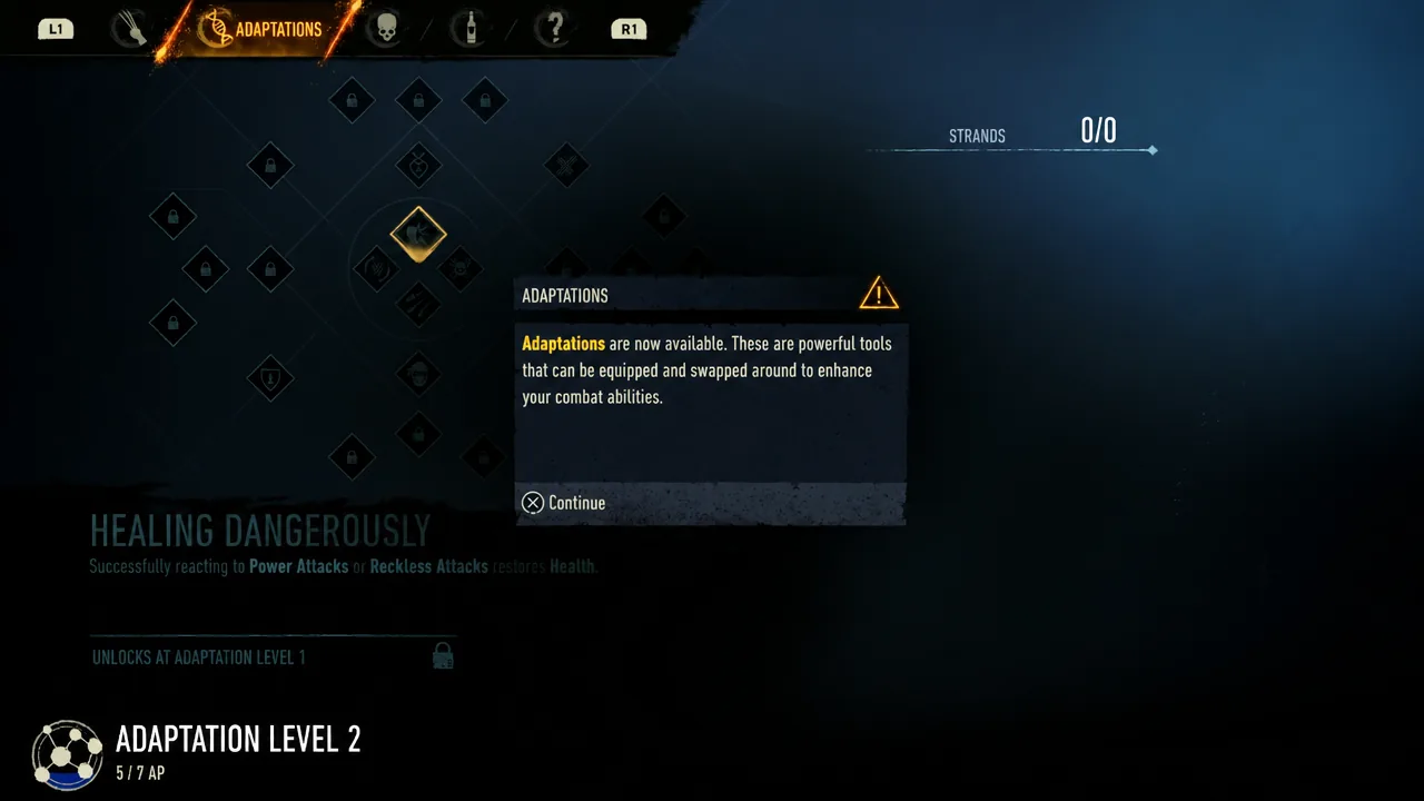 The Adaptations screen showing a pop-up explaining the new passive skills with Continue highlighted