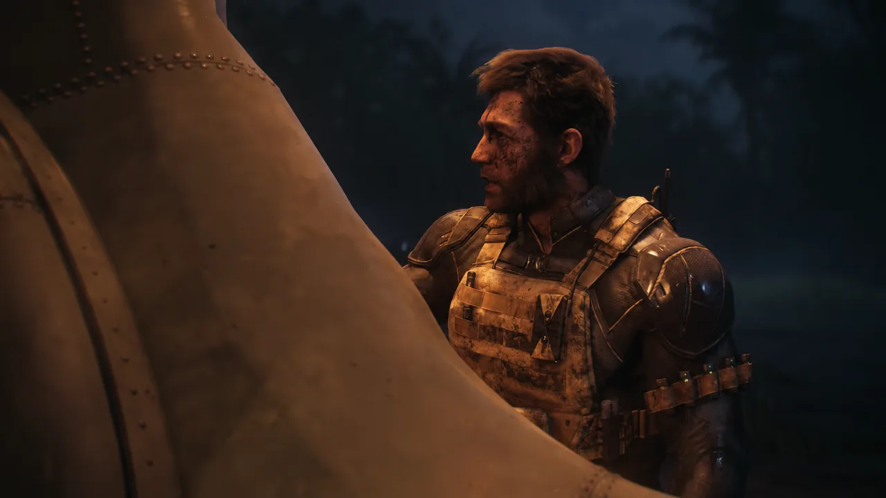 Logan moving through a metal-plated vent shaft while infiltrating an underground laboratory