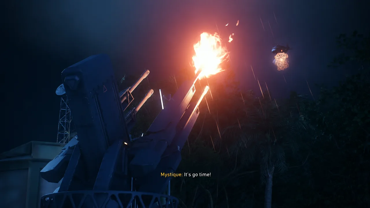 Mounted anti-aircraft gun firing at a hovering target with Mystique's subtitle reading It's go time