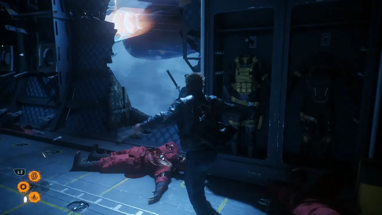 Hold-L2 prompt on screen as Logan reaches toward an open aircraft doorway