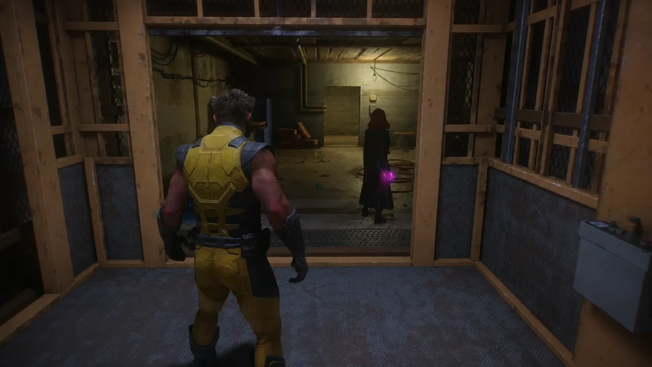 Logan steps out of the elevator doorway toward a cloaked figure holding a glowing purple object