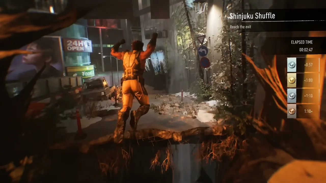 Shinjuku Shuffle trial with the Reach the exit objective as Logan jumps a gap