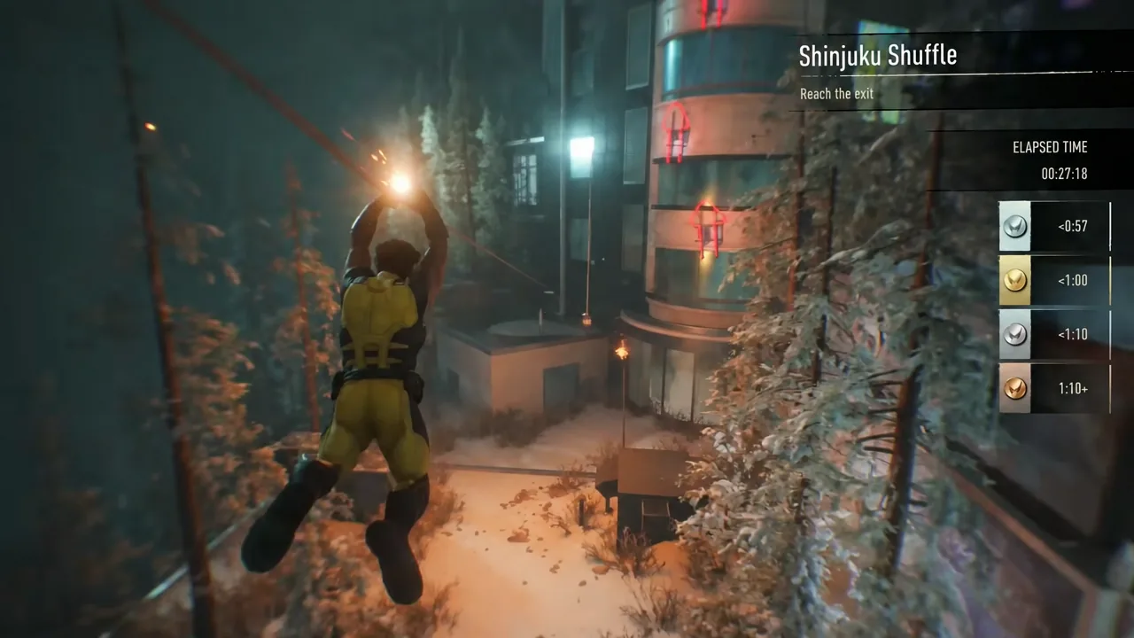 Logan wall-running along billboards in the floating Shinjuku Shuffle course