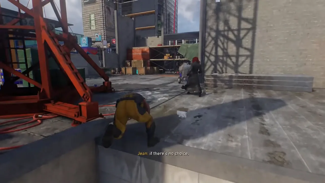 Logan moving low through the fenced construction area in Shinjuku during Bad Blood