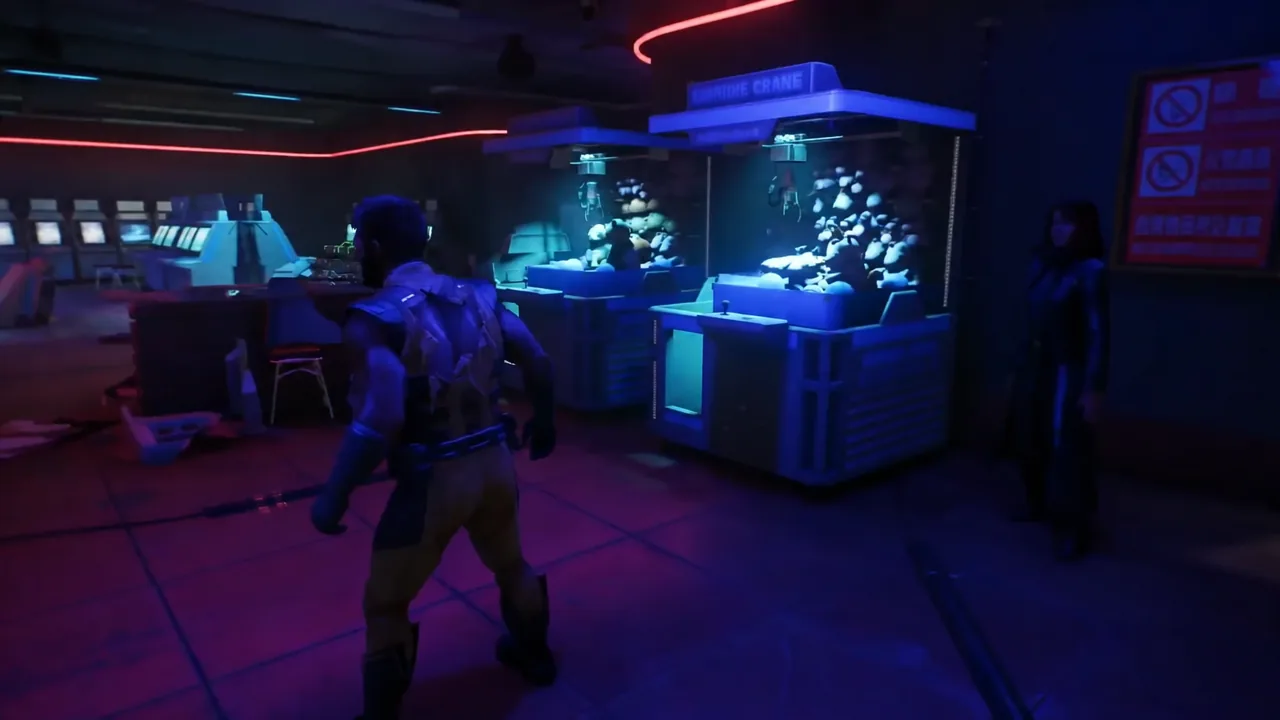 Logan approaching a lit display inside the arcade building in Marvel's Wolverine