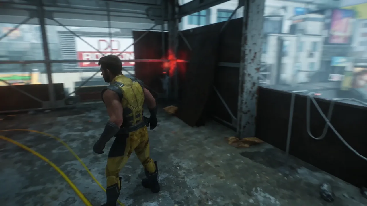 Logan crossing a wet Tokyo rooftop toward a red-lit objective marker