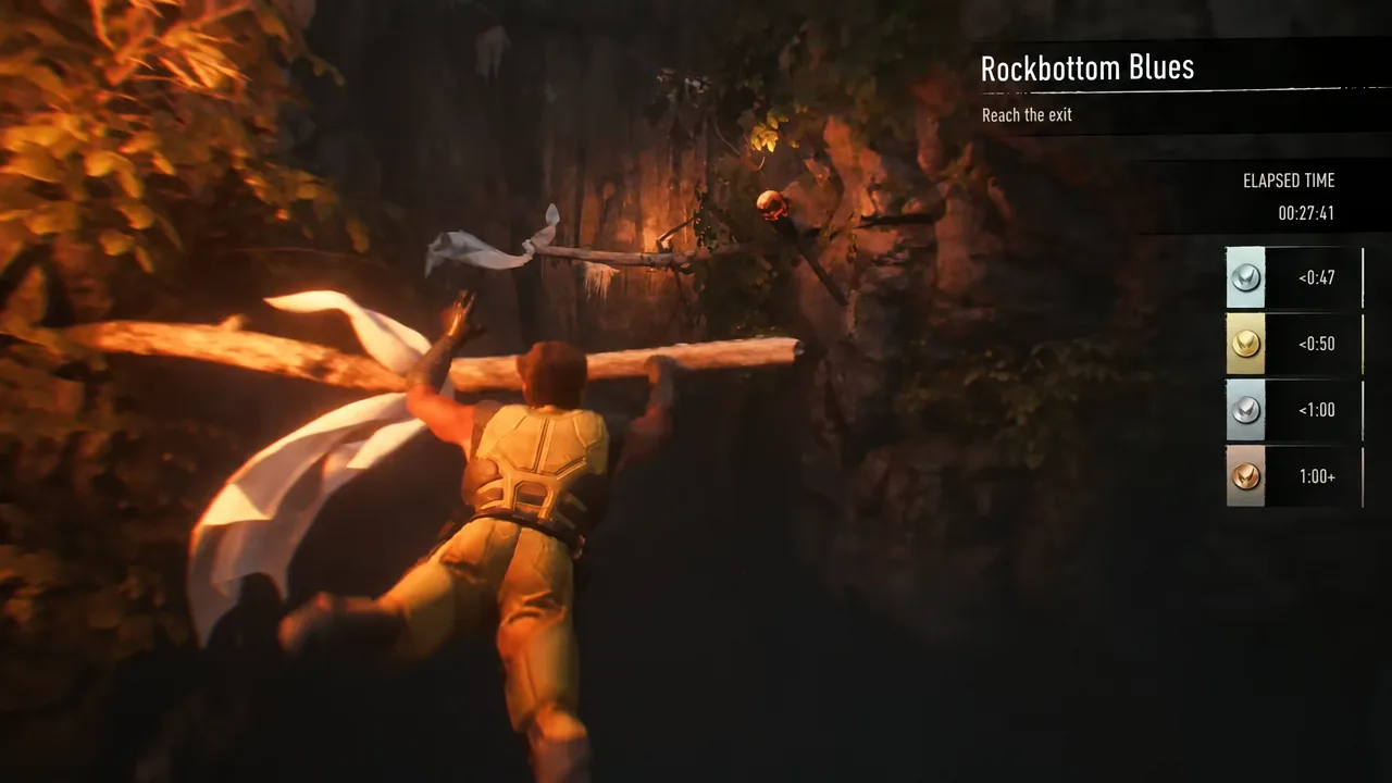 Logan advancing through a dark, ruined section of the underground facility
