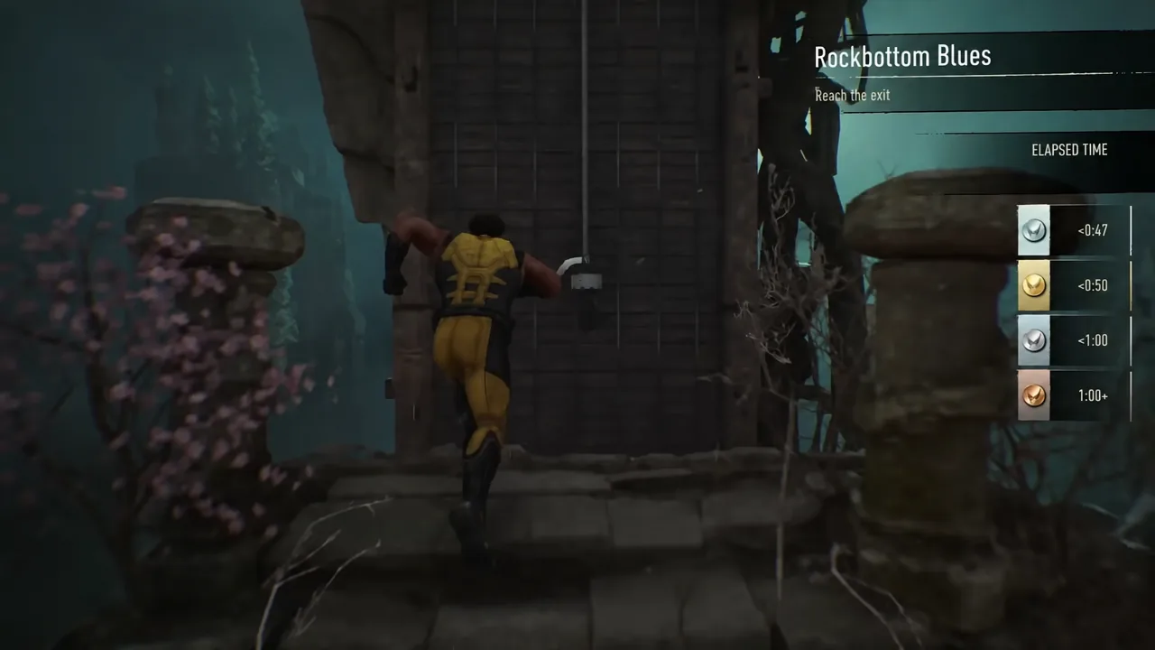 Rockbottom Blues trial with the Reach the exit objective and medal time tiers on screen