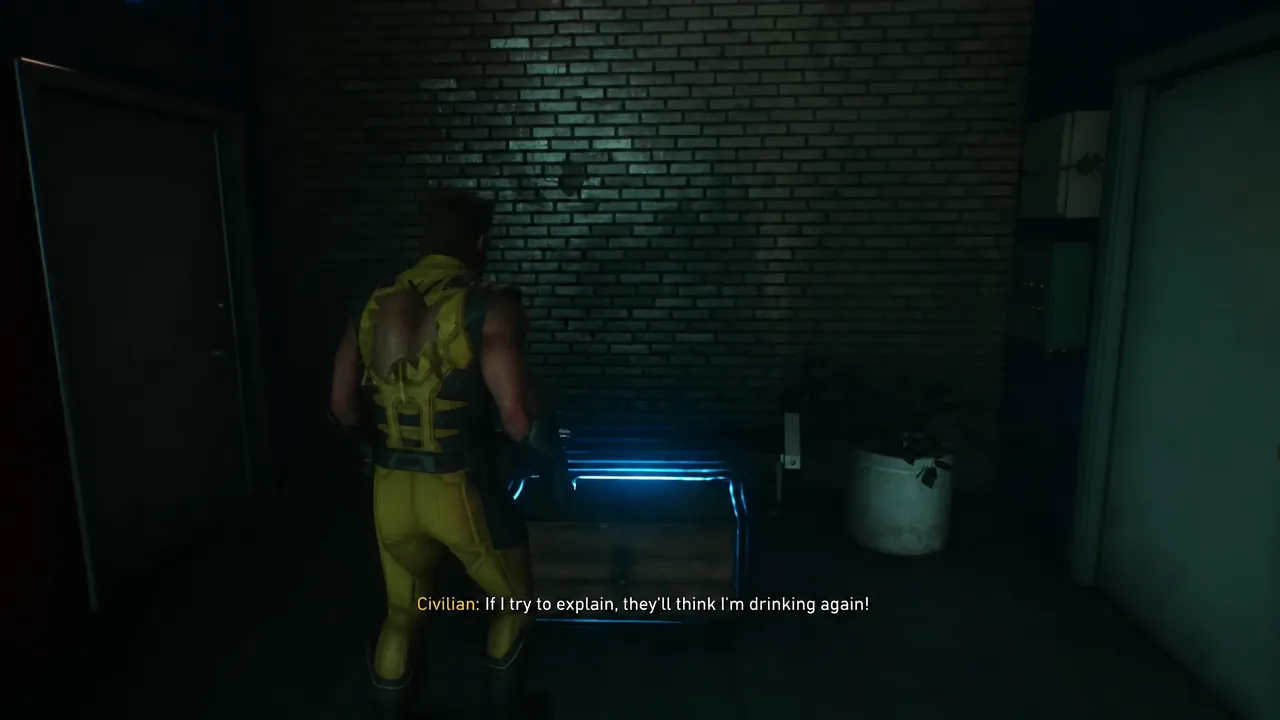 Logan approaching a blue-lit panel on the street while a civilian's subtitle appears