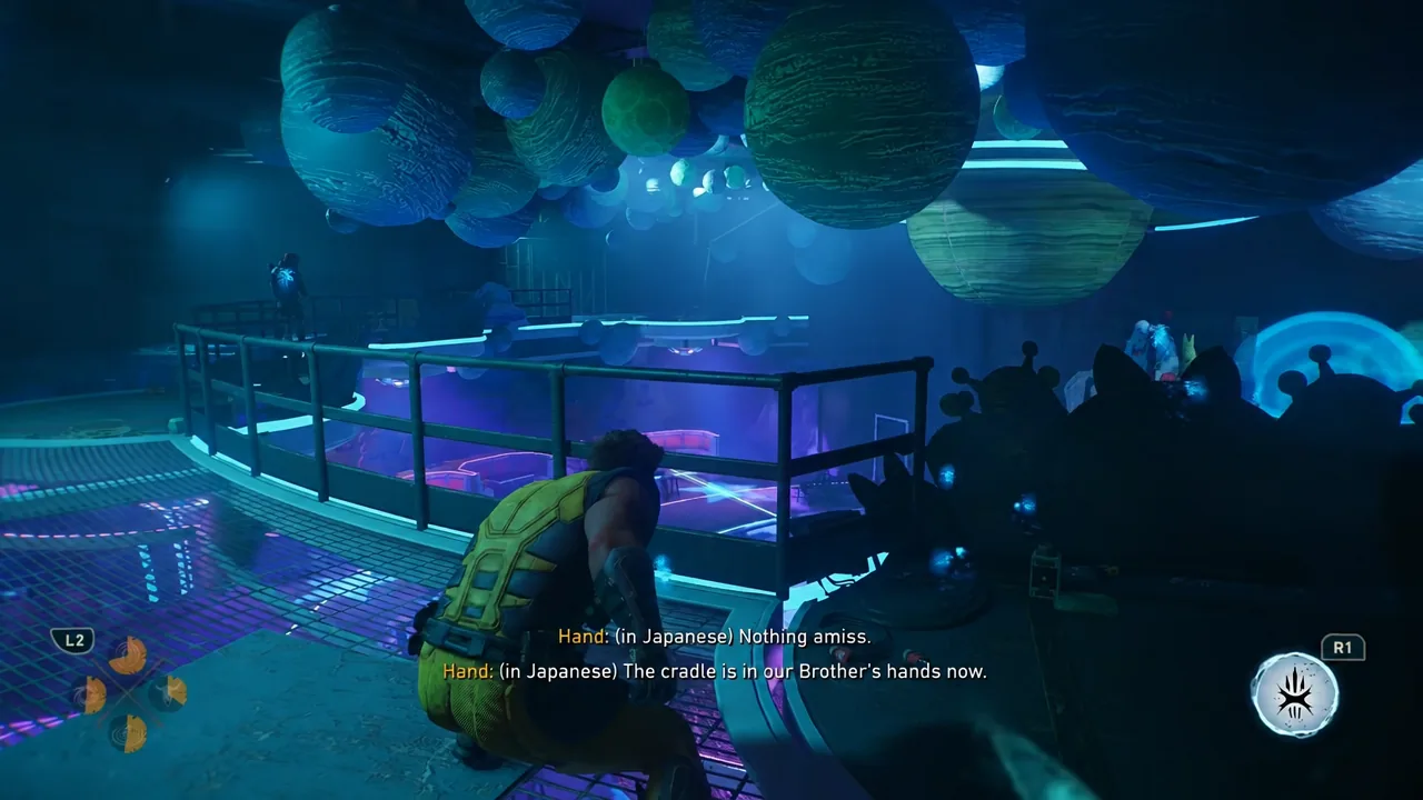 Logan crouched on a walkway above the club, with stealth and attack prompts on screen