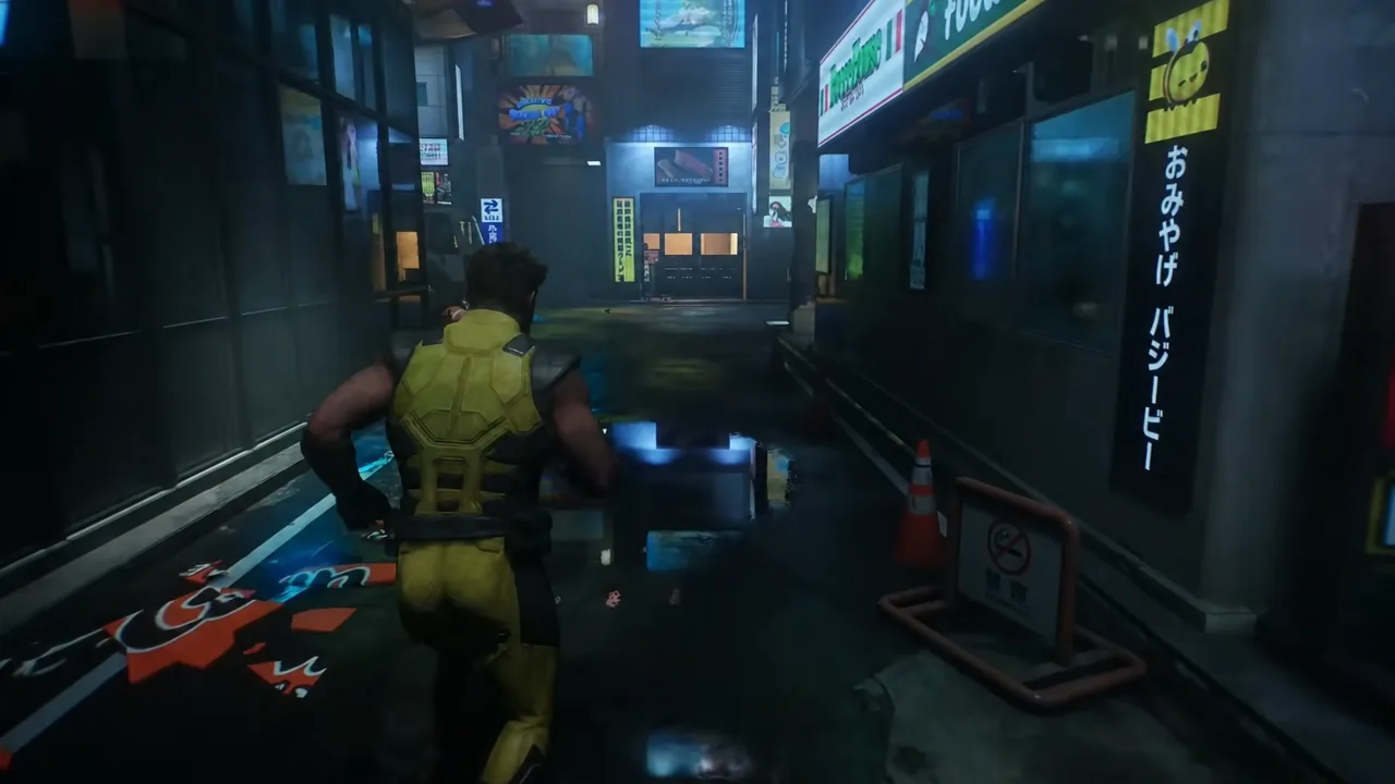 Logan moving down a neon-lit Japanese side street early in the We Were Wrong mission