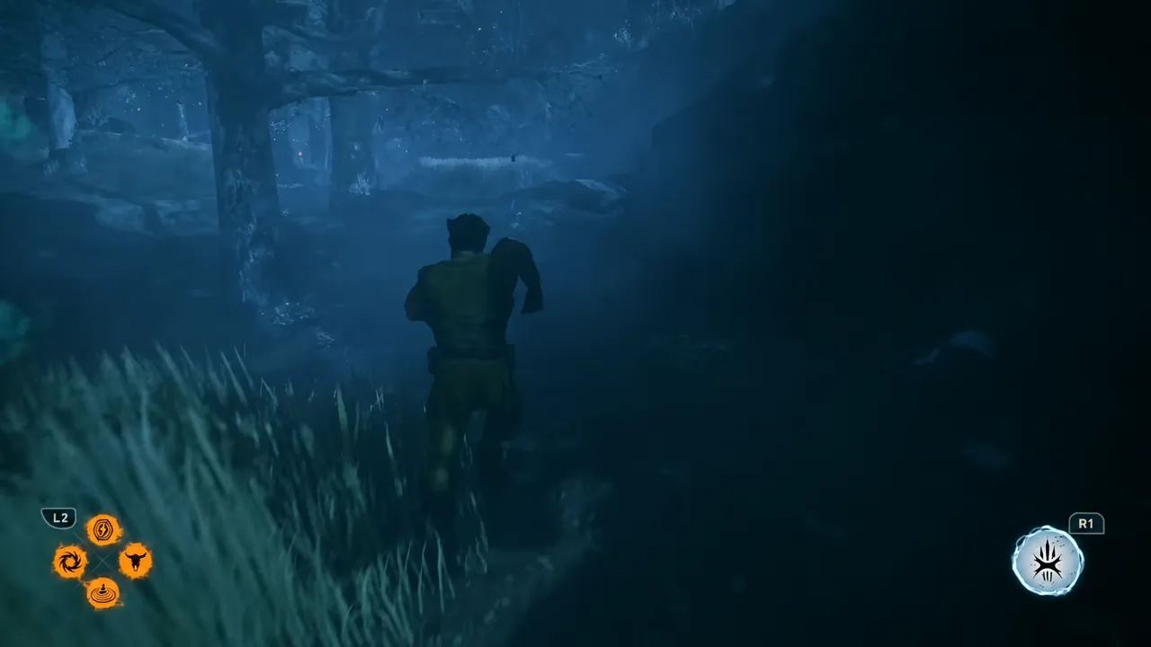 Logan running through the dark village with the combat controls shown on screen