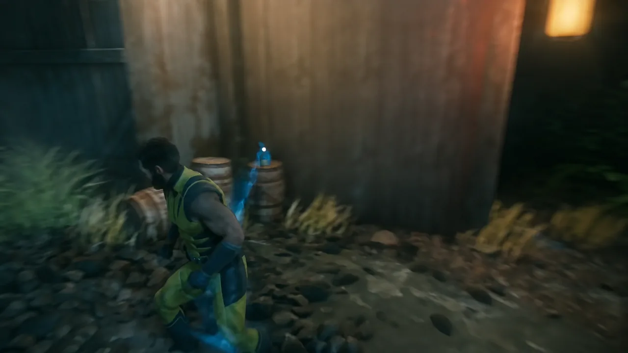 Logan reaching for a glowing collectible bottle tucked beside wooden barrels