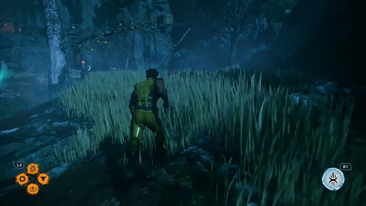 Logan pushing through tall grass in the swampy field toward the third crate