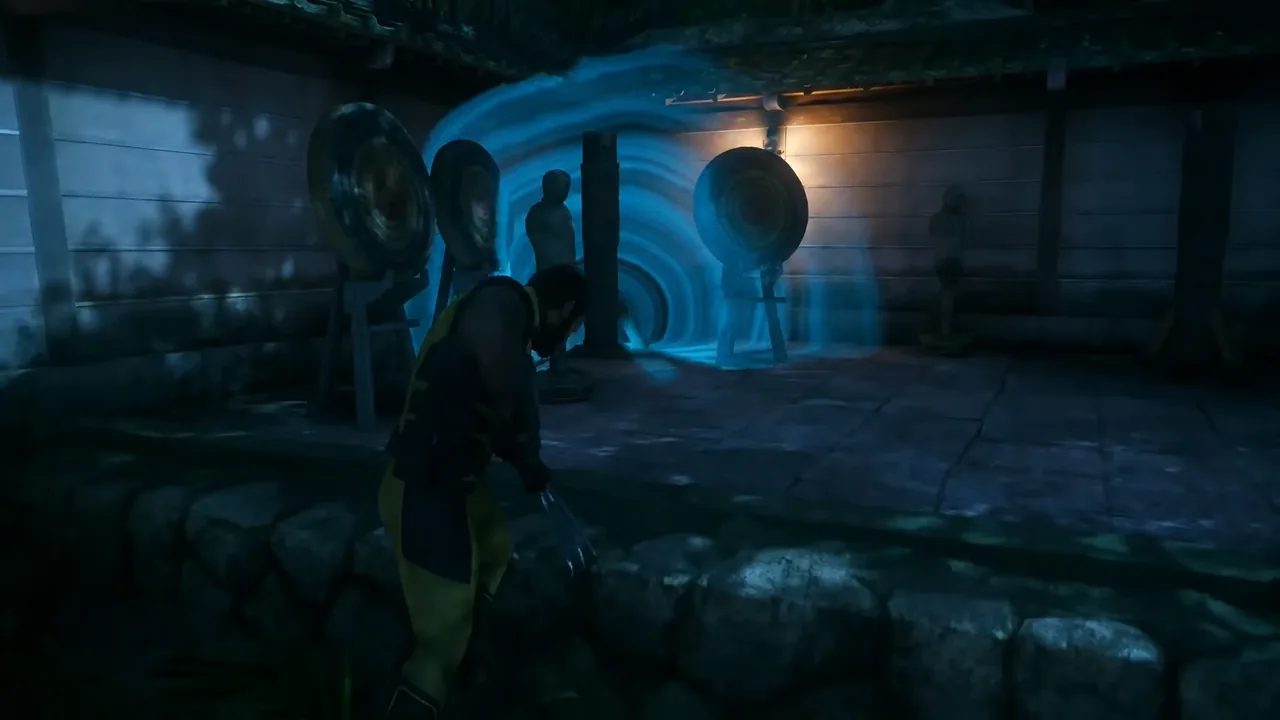 Logan crouching beside large drums as he reaches a glowing blue crate