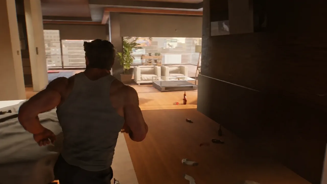 Logan moving out of the bedroom and through the penthouse living room toward the display room