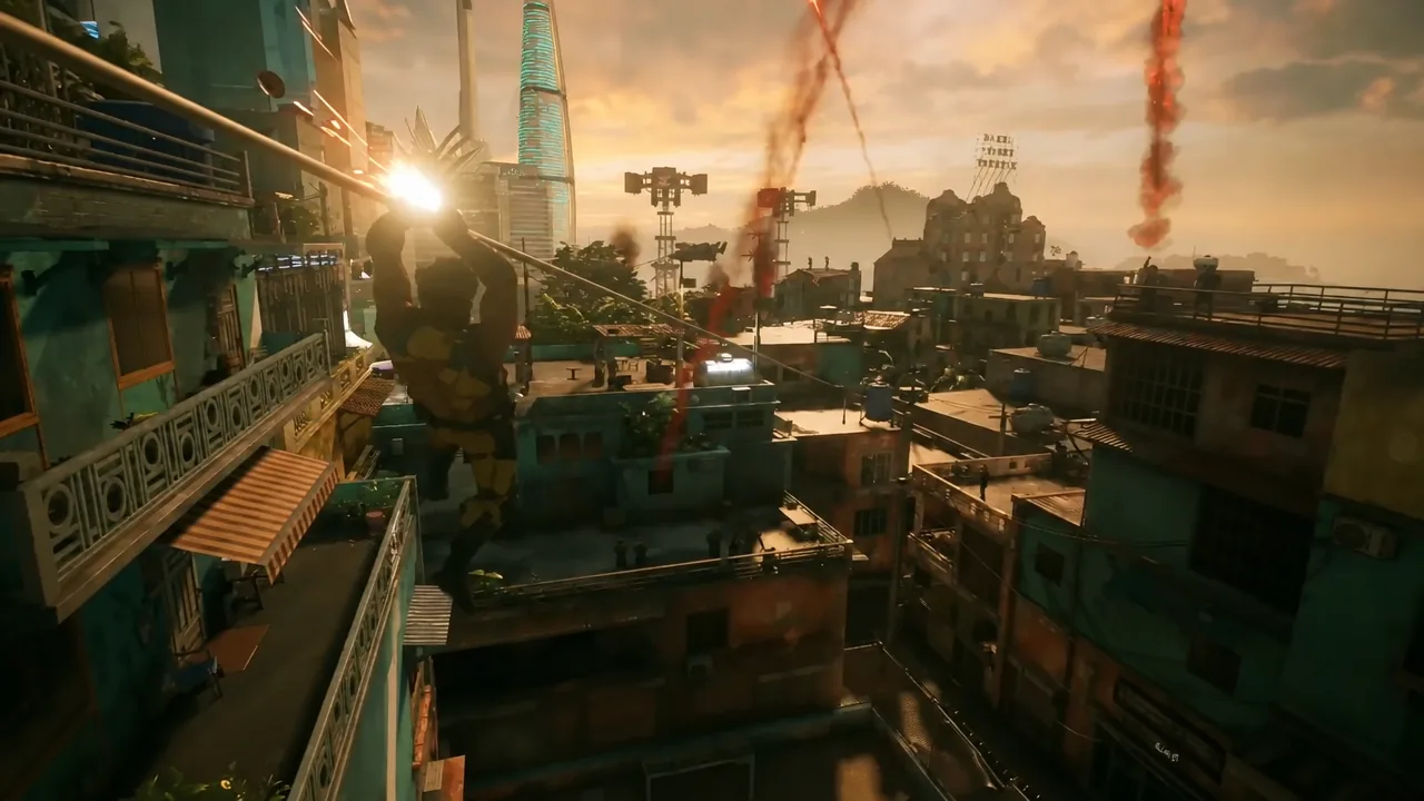 Logan crossing rooftops over a dense, neon-lit stretch of Madripoor after the zipline