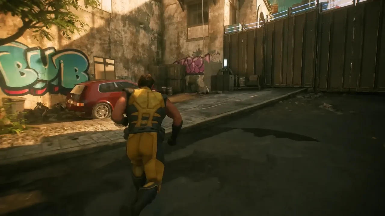 Logan heading toward a gated alley on a graffiti-covered Madripoor street before the rooftop climb
