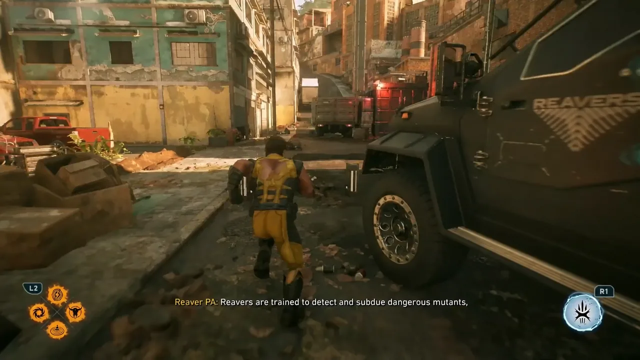 Logan pushing up a Madripoor street as a Reaver announcement plays over the PA