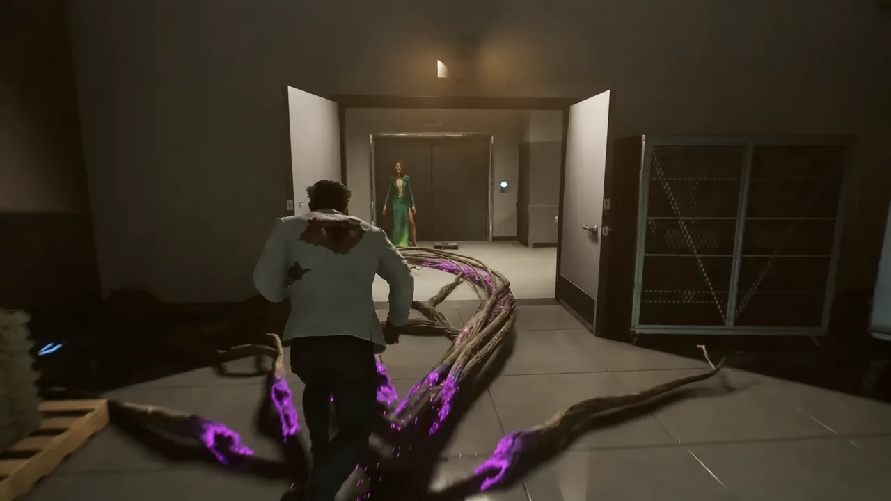 Glowing purple roots trail along the casino back hallway toward a woman waiting by the service elevator