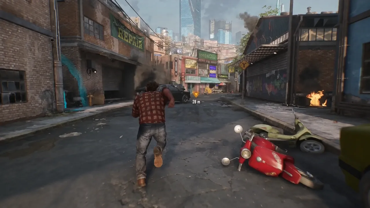 Logan runs down a Madripoor street toward the objective marker showing 28 metres