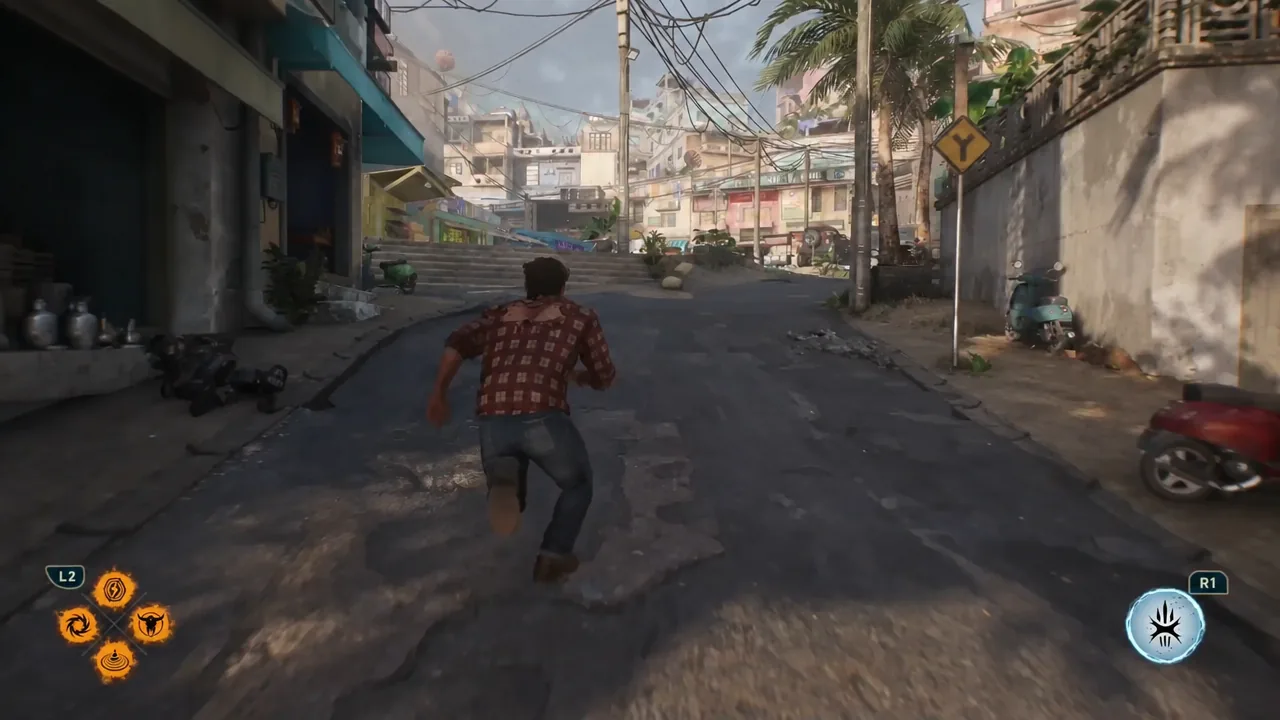 Logan heads uphill through a busy Madripoor street with the combat prompts on screen