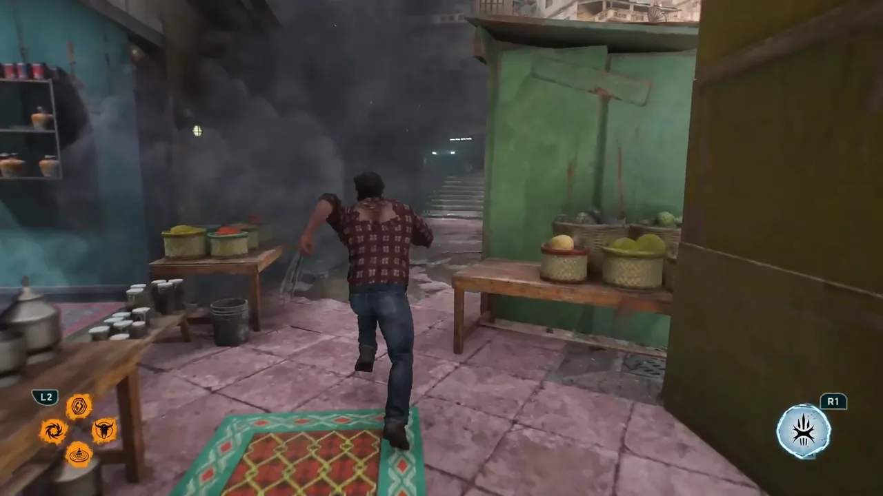 Logan moves through a covered market corridor lined with stalls in Madripoor