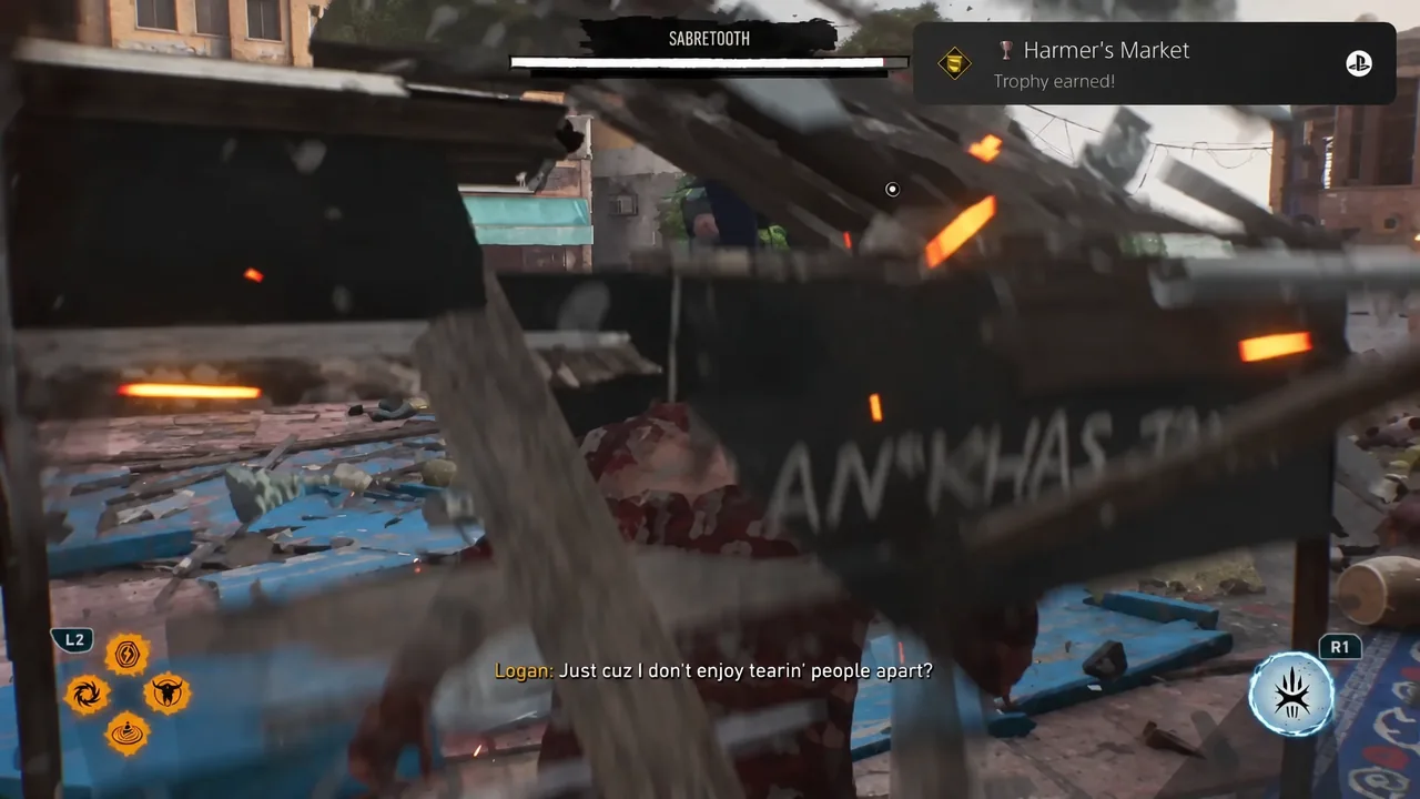 The Harmer's Market trophy notification appearing mid-fight after the last stall breaks
