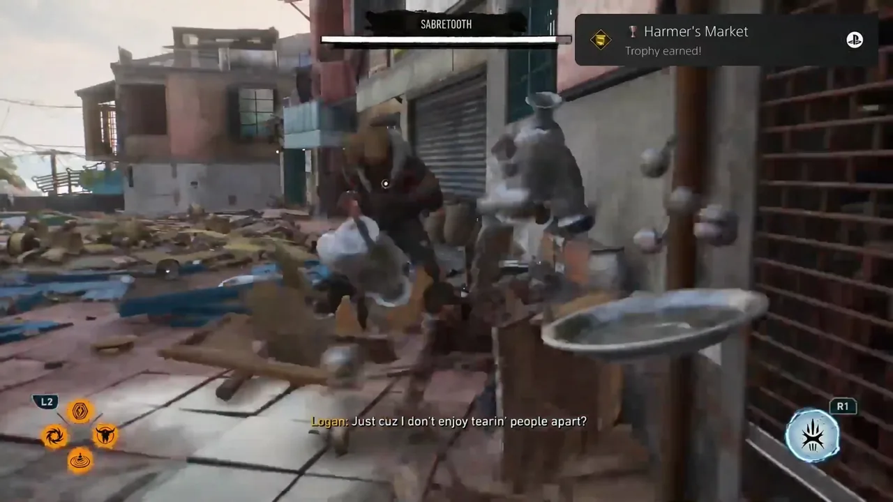 PlayStation trophy banner confirming Harmer's Market unlocked during the Sabretooth fight