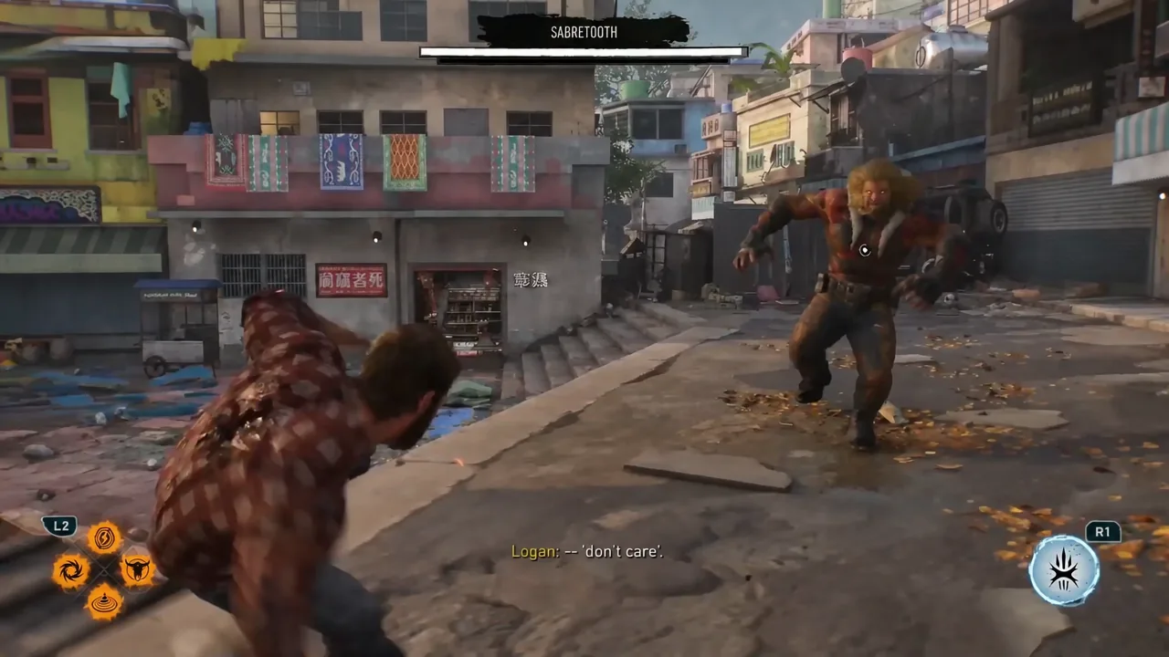 Logan dodging Sabretooth beside wooden vendor carts in the market arena