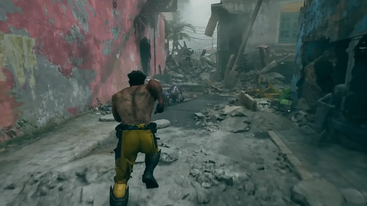 Logan sprinting down a rubble-filled Madripoor alley past a downed enemy
