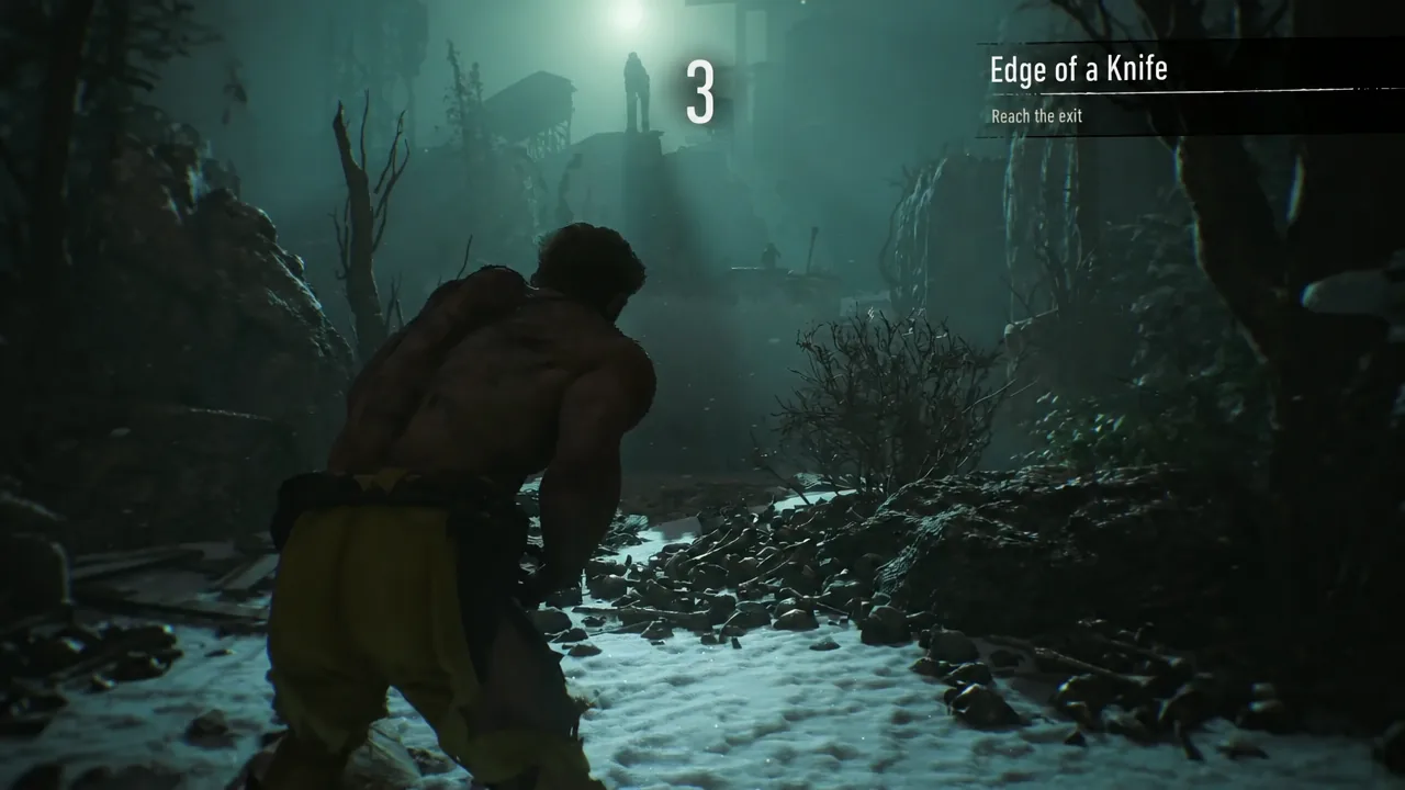 Logan crossing a snowy platform during the Edge of a Knife traversal trial