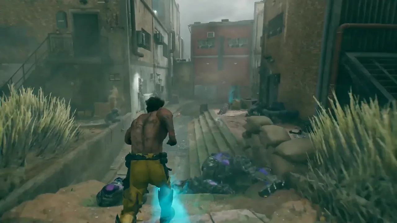 Logan advancing down a broken street toward enemies and glowing blue pickups