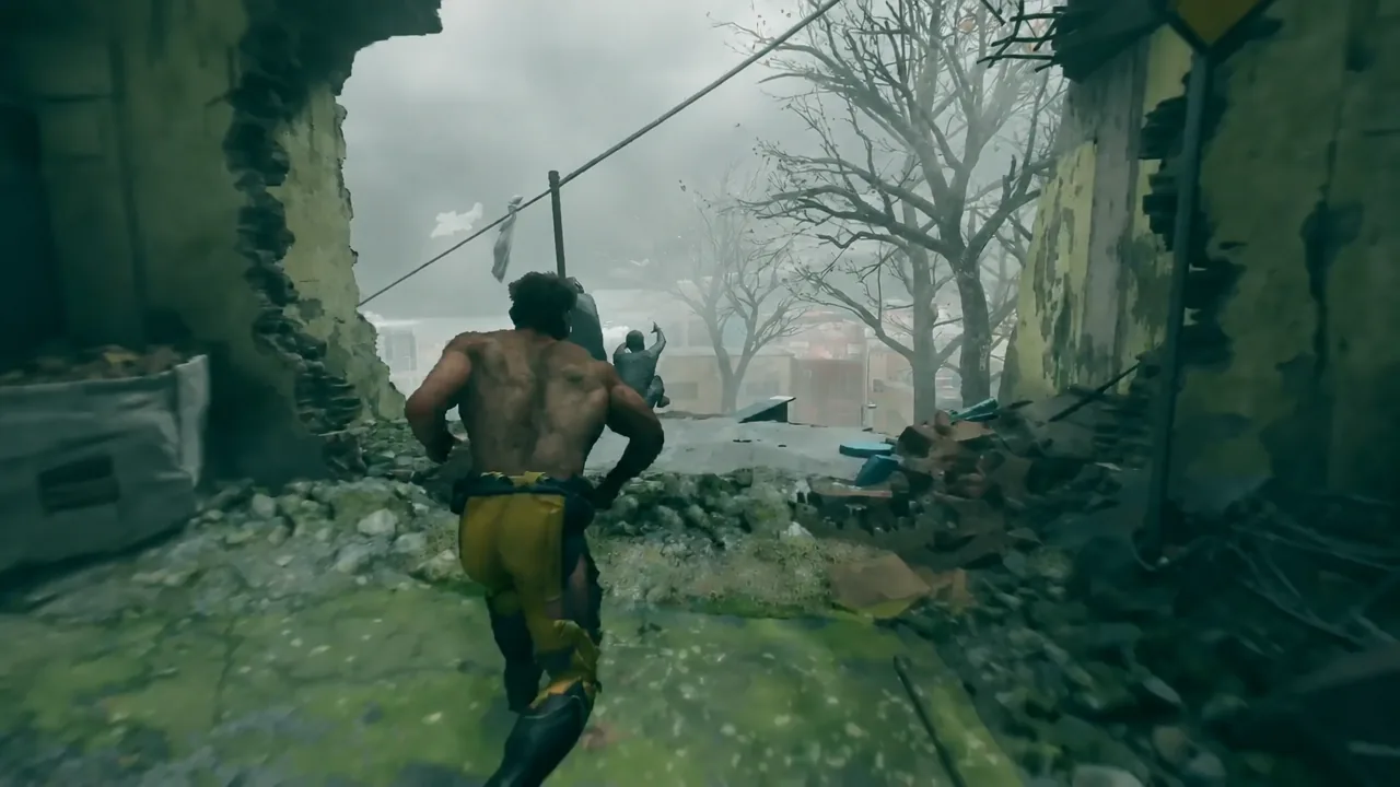 Logan running through a collapsed building toward a figure ahead in Madripoor