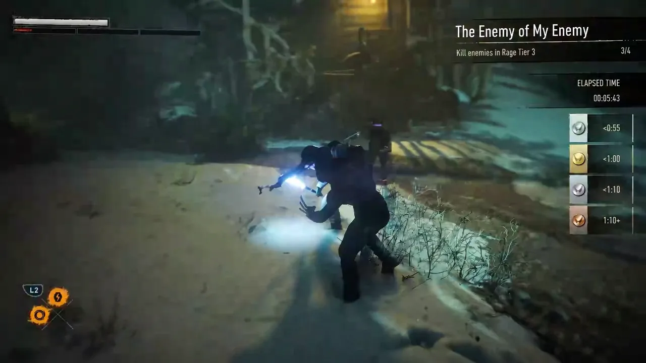 Trial HUD showing the rank time markers while Logan strikes an enemy with an electric attack