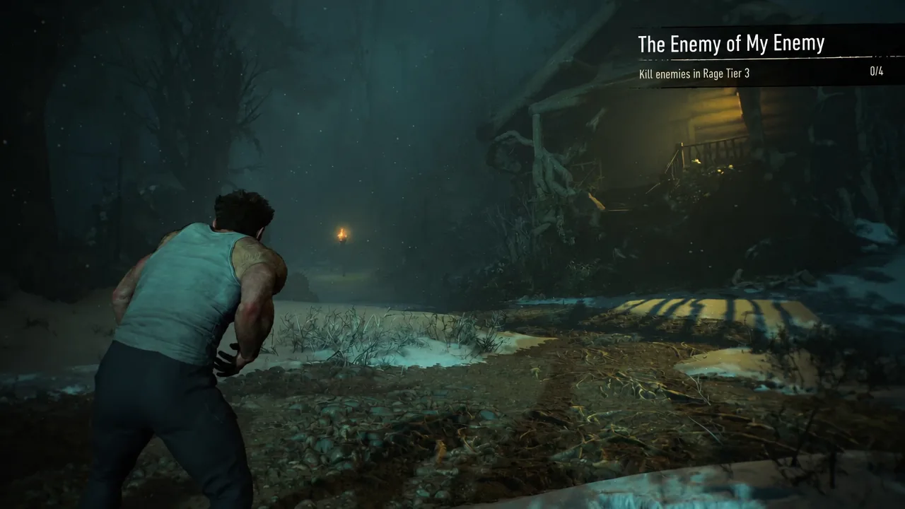 Logan fighting sword-wielding enemies on the snowy path with the trial objective tracker on screen