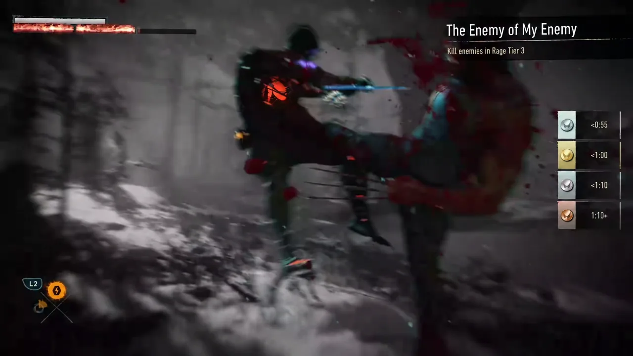 Rage Tier 3 active during the trial, with red claws and a red-tinted screen