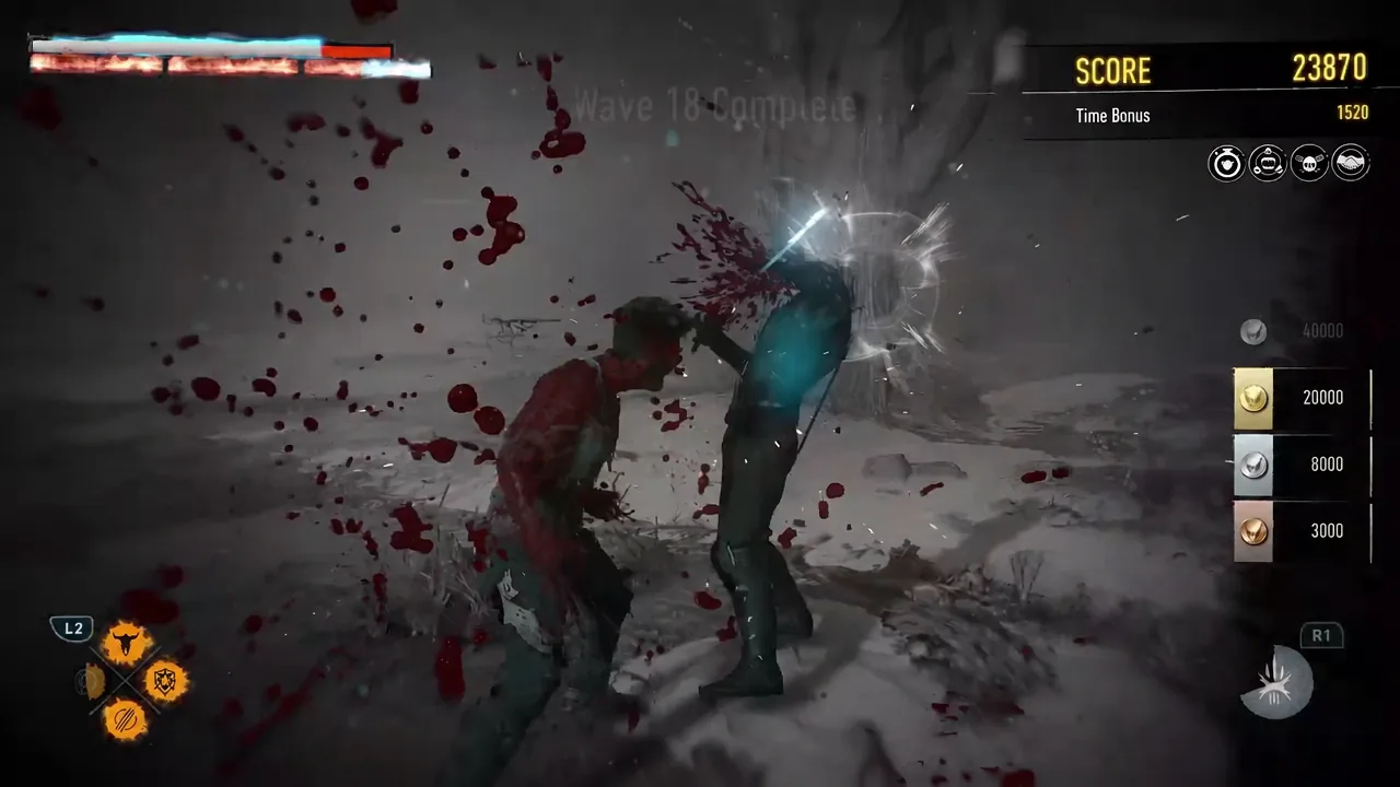 Wave 18 Complete screen showing the score and time bonus during a melee strike