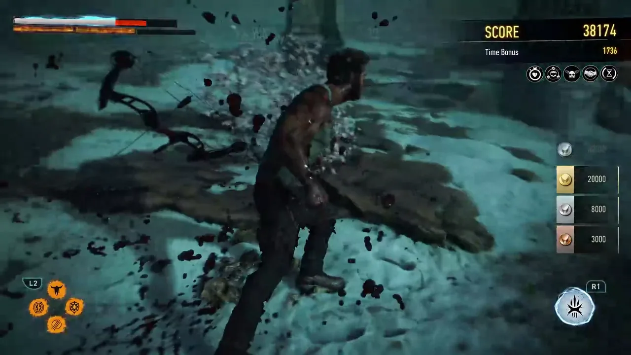 Score HUD highlighting the total and Time Bonus while Logan lands a melee attack