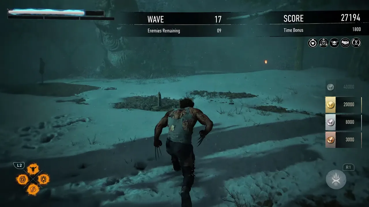 Trial HUD during Wave 17 with nine enemies remaining and ability icons lit orange