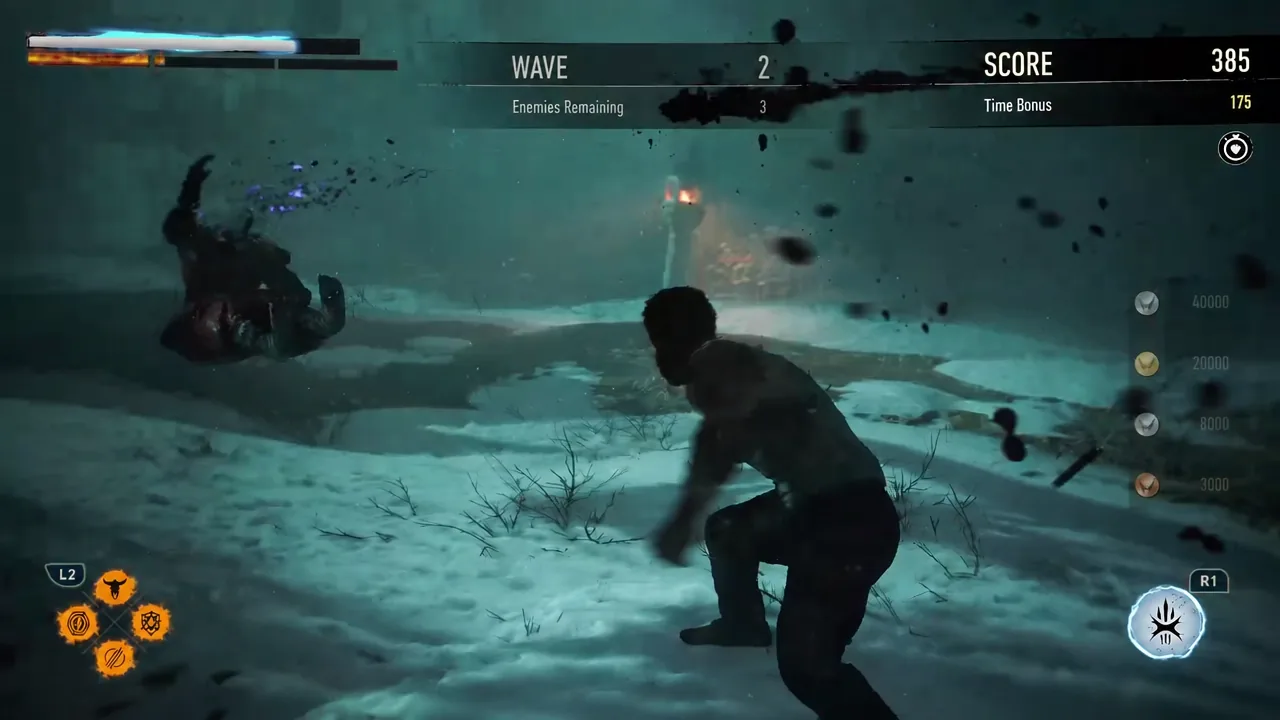 Wave 2 combat with three enemies remaining shown on the trial HUD