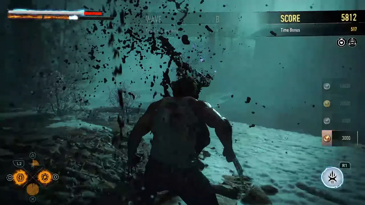 Logan mid-attack during a later wave with the R1 ability icon highlighted