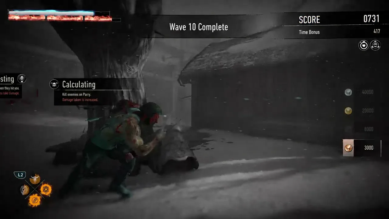 Wave 10 Complete screen listing the Calculating challenge with the score total